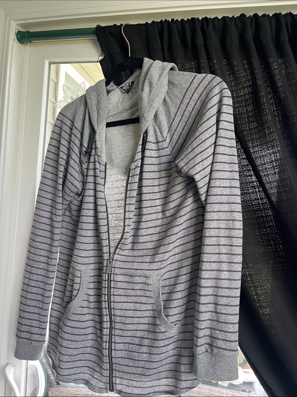 Roxy Gray Hoodie Sweater with Thin Purple Stripes. S
